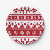 クリスマス赤と白の鹿と木の柄 ペーパープレート (正面)