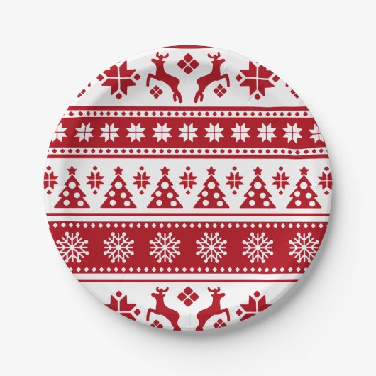 クリスマス赤と白の鹿と木の柄 ペーパープレート (正面)