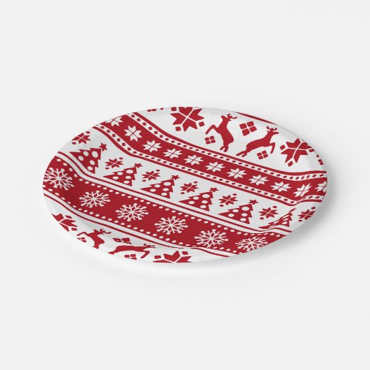 クリスマス赤と白の鹿と木の柄 ペーパープレート (アングル)