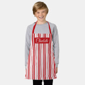 クリスマス赤と白ストライプエプロン エプロン (着用した状態)