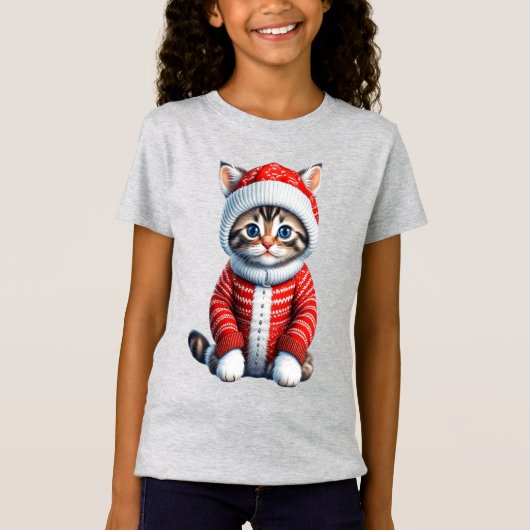 クリスマス赤と白セーターの子猫 Tシャツ (正面)
