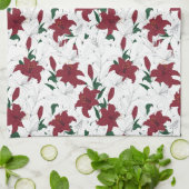 クリスマス赤と白ユリ キッチンタオル (折り畳み)