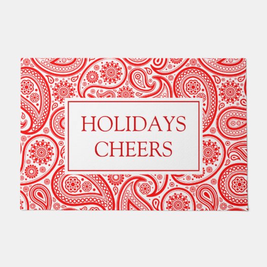 クリスマス赤と白ヴィンテージペイズリーパターン ドアマット (正面)