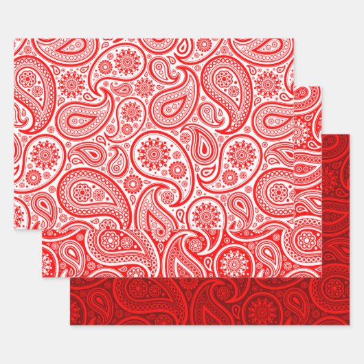 クリスマス赤と白ヴィンテージペイズリーパターン ラッピングペーパーシート (セット)