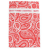 クリスマス赤と白ヴィンテージペイズリー ミディアムペーパーバッグ (正面)