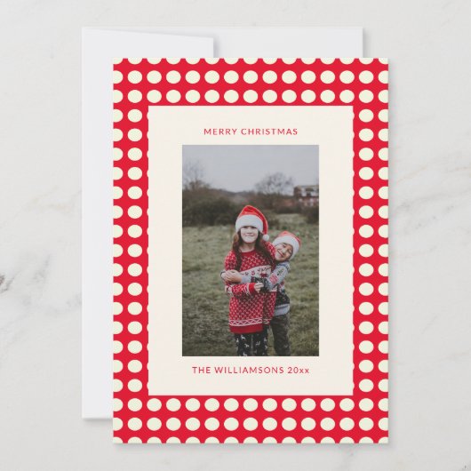 クリスマス赤と白幾何学的ドット写真 シーズンカード (正面)