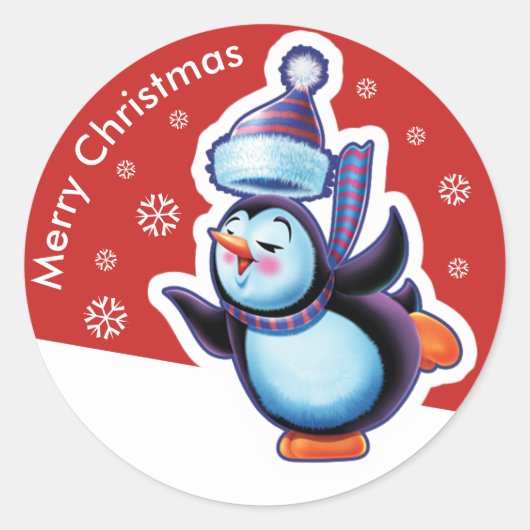 クリスマス赤の丸いステッカーPenguinスケートで滑る。 ラウンドシール (正面)