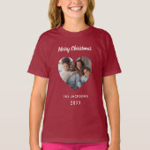 クリスマス赤の家族の写真ハート名の女の子 Tシャツ (正面)