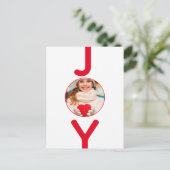 クリスマス赤の白い喜び写真のスクリプモダント ポストカード (スタンド正面)