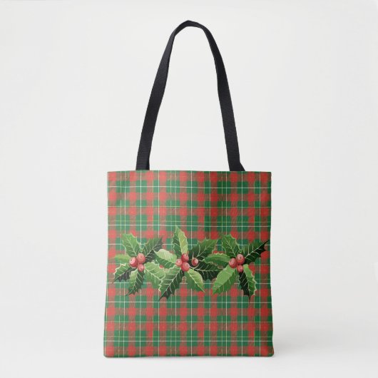 クリスマス赤グリーン格子付きリース トートバッグ (正面)
