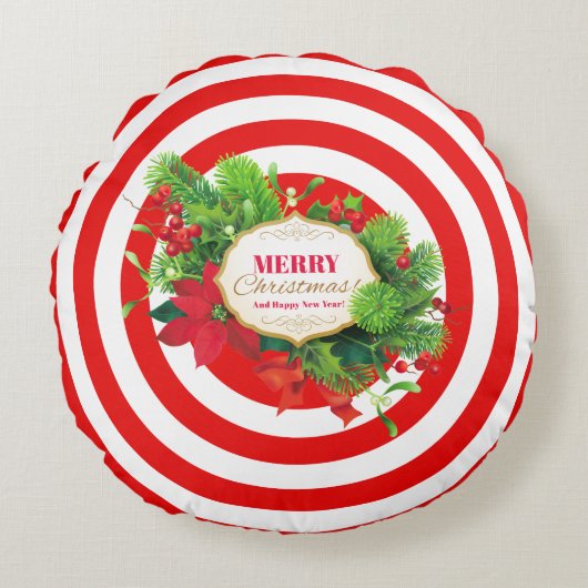 クリスマス赤ストライプの円枕 ラウンドクッション (正面)
