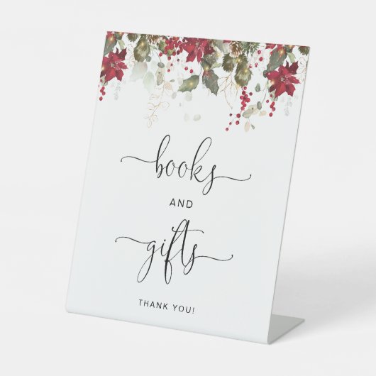 クリスマス赤ポインセチアの本とギフトのサイン 台座サイン (正面)