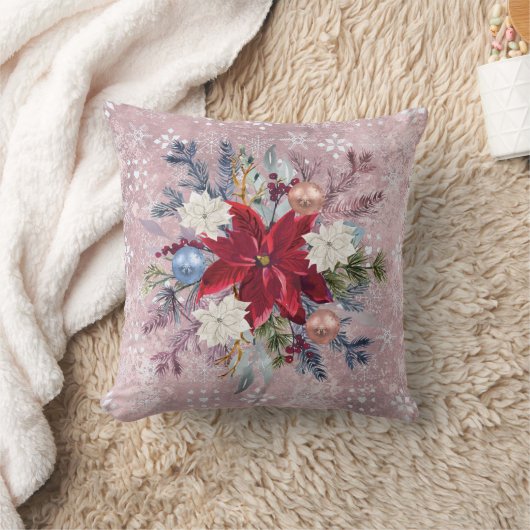 クリスマス赤面ピンクポインセチアブーケ クッション (ブランケット)