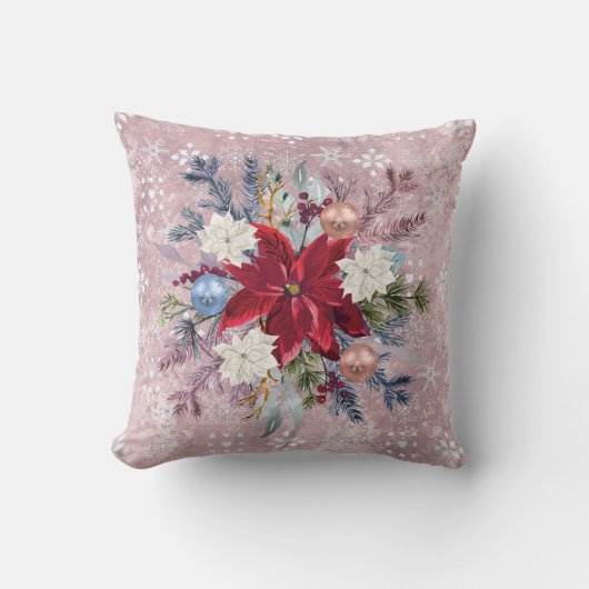 クリスマス赤面ピンクポインセチアブーケ クッション (正面)