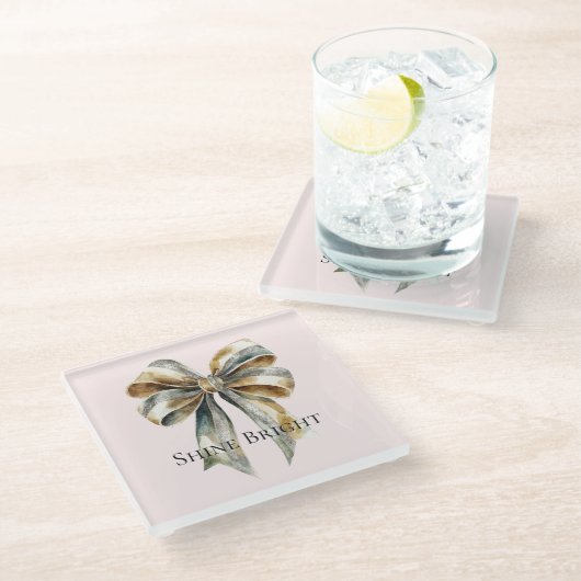 クリスマス赤面素朴ピンクグリーン金ゴールドボウ ガラスコースター (アングル)