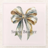 クリスマス赤面素朴ピンクグリーン金ゴールドボウ ガラスコースター (正面)