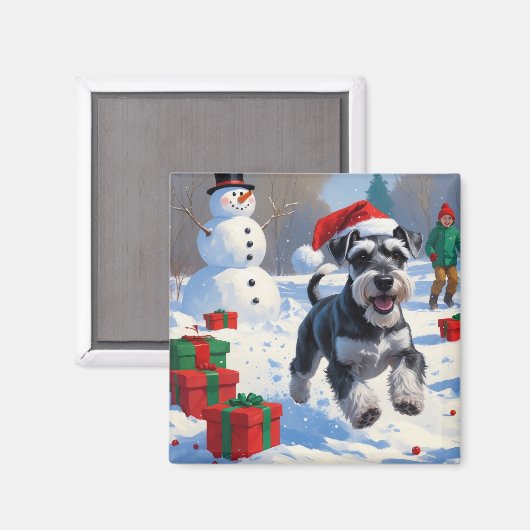 クリスマス走ハットでシュナウザーの雪 マグネット (正面/裏面)