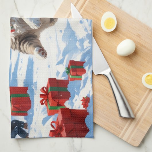 クリスマス走ハットで雪のシベリア猫の帽子 キッチンタオル (四つ折り)