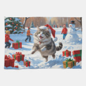 クリスマス走ハットで雪のシベリア猫の帽子 キッチンタオル (横)
