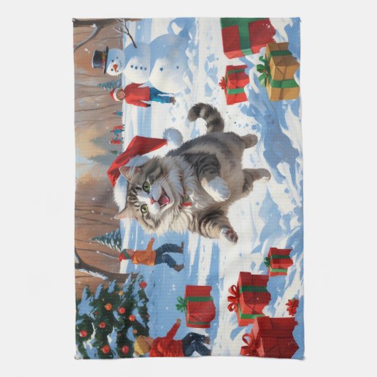 クリスマス走ハットで雪のシベリア猫の帽子 キッチンタオル (縦)