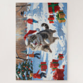 クリスマス走ハットで雪のシベリア猫の帽子 ジグソーパズル (縦)