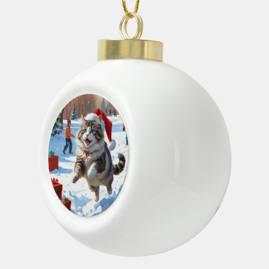 クリスマス走ハットで雪のシベリア猫の帽子 セラミックボールオーナメント (右)