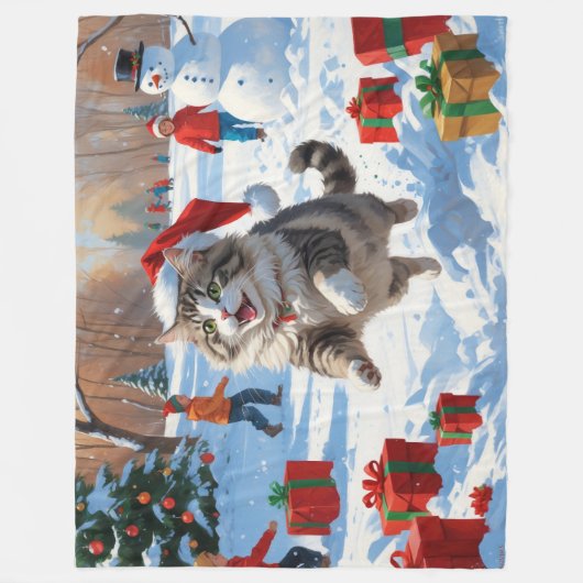 クリスマス走ハットで雪のシベリア猫の帽子 フリースブランケット (正面)