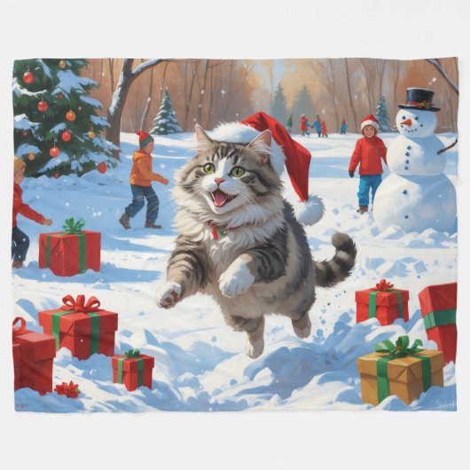クリスマス走ハットで雪のシベリア猫の帽子 フリースブランケット (正面(横))