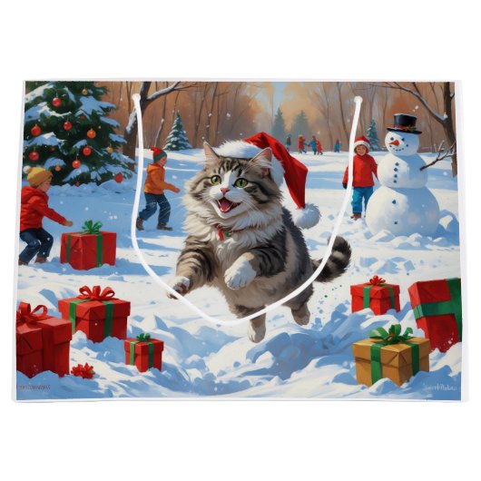 クリスマス走ハットで雪のシベリア猫の帽子 ラージペーパーバッグ (正面)