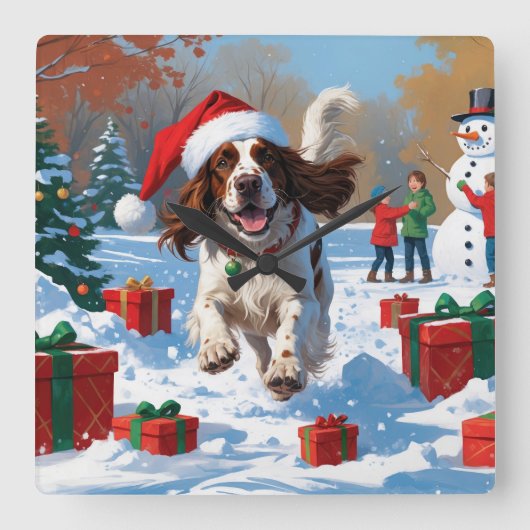 クリスマス走ハットで雪の中のイギリスのセッター スクエア壁時計 (正面)