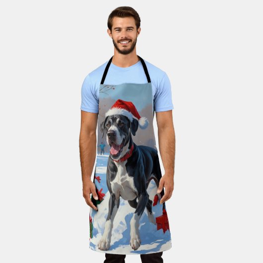 クリスマス走ハットで雪の中のグレート・ダン・ハット エプロン (着用した状態)