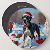 クリスマス走ハットで雪の中のグレート・ダン・ハット 缶バッジ (正面&裏面)