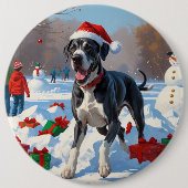 クリスマス走ハットで雪の中のグレート・ダン・ハット 缶バッジ (正面)