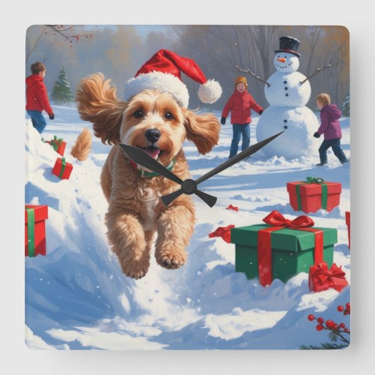 クリスマス走ハットで雪の中のコックポー スクエア壁時計 (正面)