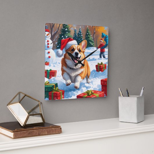 クリスマス走ハットで雪の中のコルギの帽子 スクエア壁時計 (オフィス)