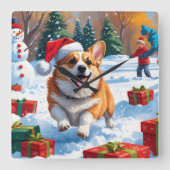 クリスマス走ハットで雪の中のコルギの帽子 スクエア壁時計 (正面)