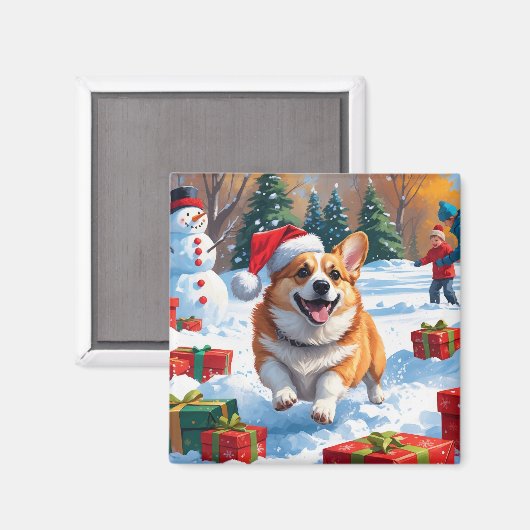 クリスマス走ハットで雪の中のコルギの帽子 マグネット (正面/裏面)