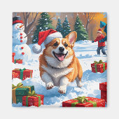 クリスマス走ハットで雪の中のコルギの帽子 マグネット (正面)