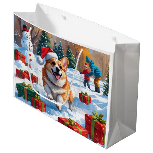 クリスマス走ハットで雪の中のコルギの帽子 ラージペーパーバッグ (正面アングル)