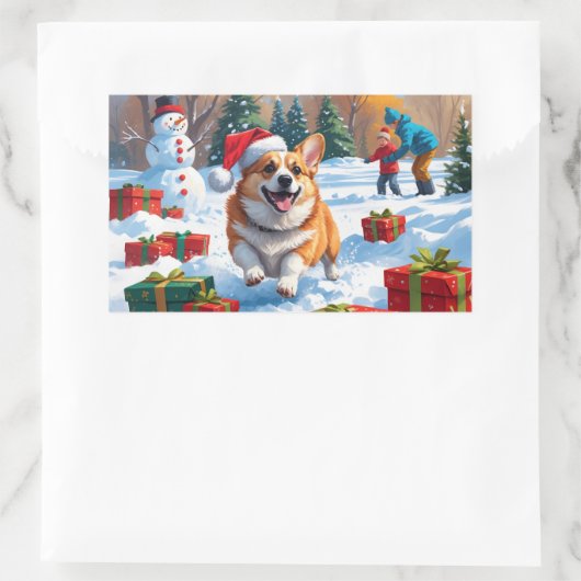 クリスマス走ハットで雪の中のコルギの帽子 長方形シール (バッグ)
