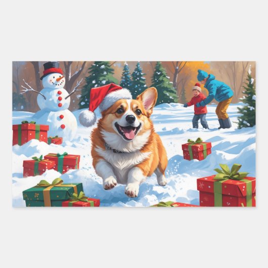 クリスマス走ハットで雪の中のコルギの帽子 長方形シール (正面)