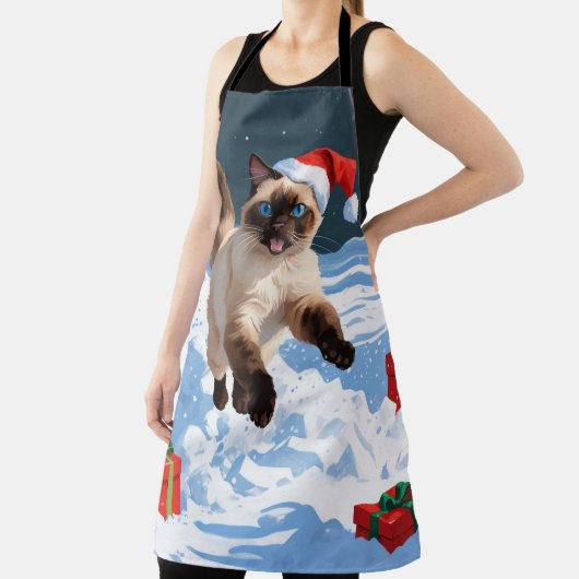 クリスマス走ハットで雪の中のシャム猫の帽子 エプロン (インサイチュ)
