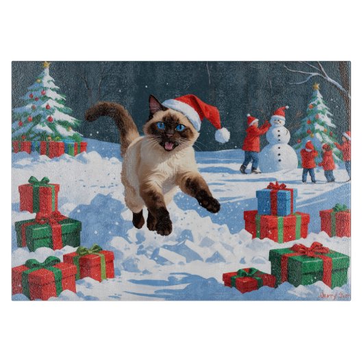 クリスマス走ハットで雪の中のシャム猫の帽子 カッティングボード (正面)