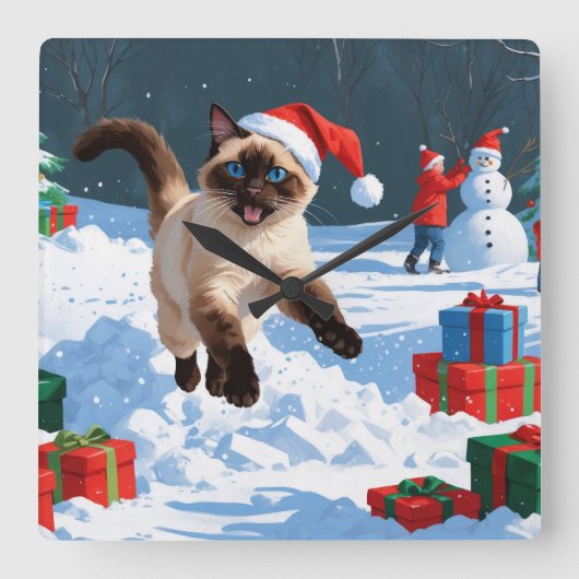 クリスマス走ハットで雪の中のシャム猫の帽子 スクエア壁時計 (正面)