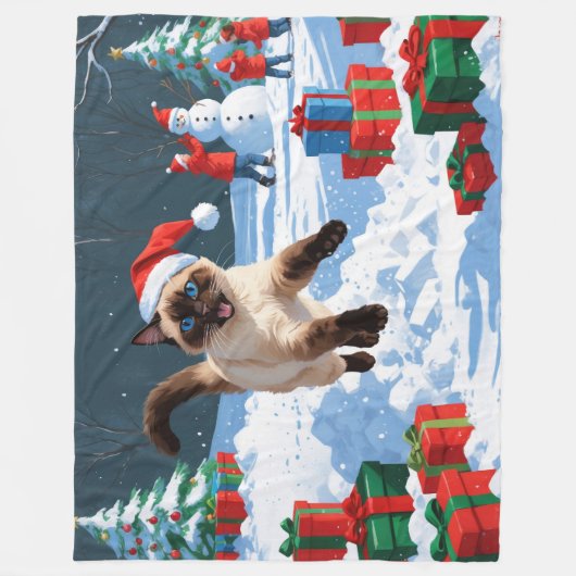 クリスマス走ハットで雪の中のシャム猫の帽子 フリースブランケット (正面)