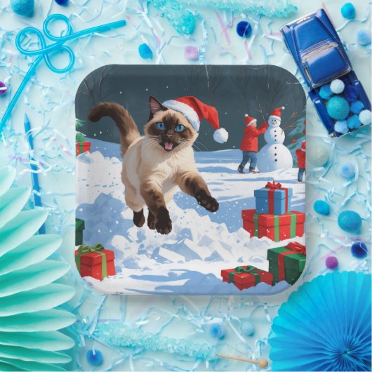 クリスマス走ハットで雪の中のシャム猫の帽子 ペーパープレート (パーティー)