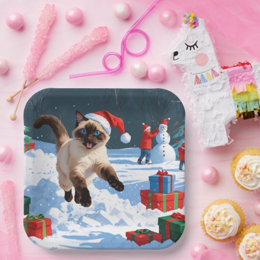 クリスマス走ハットで雪の中のシャム猫の帽子 ペーパープレート (パーティー)