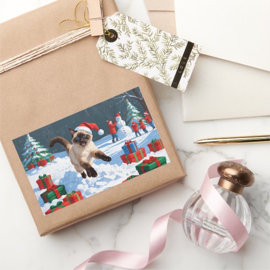 クリスマス走ハットで雪の中のシャム猫の帽子 長方形シール (ギフト)