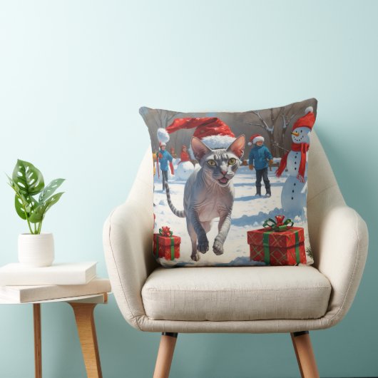 クリスマス走ハットで雪の中のスフィンクス猫 クッション (椅子)