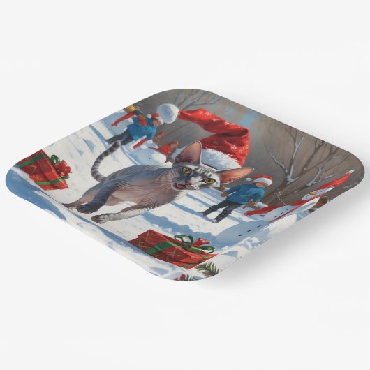 クリスマス走ハットで雪の中のスフィンクス猫 ペーパープレート (傾斜あり)